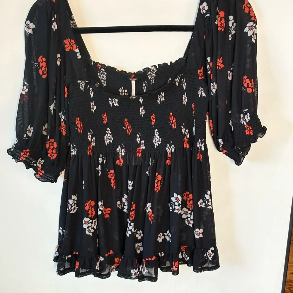 Free People Delta Dawn Midnight Combo Black Blouse with Red Floral Design NWT